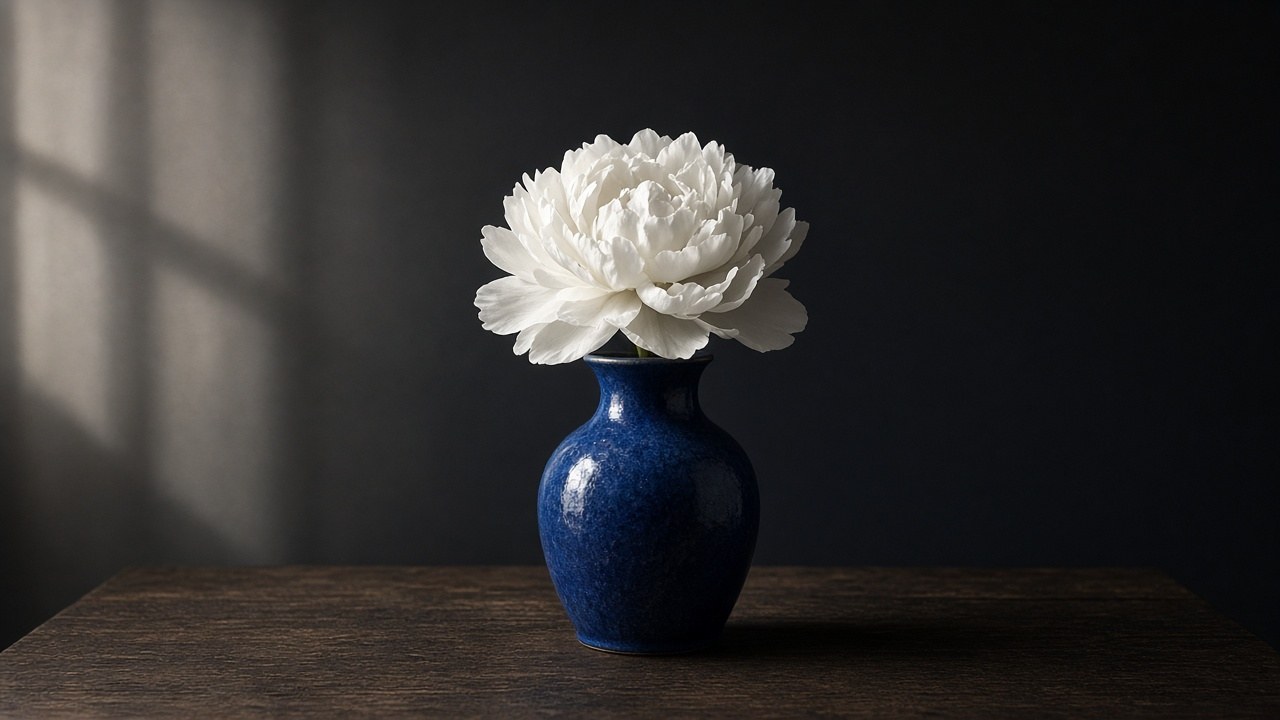 Example still: a single cobalt ceramic vase holding one white peony on a dark oak table, soft window light from the left