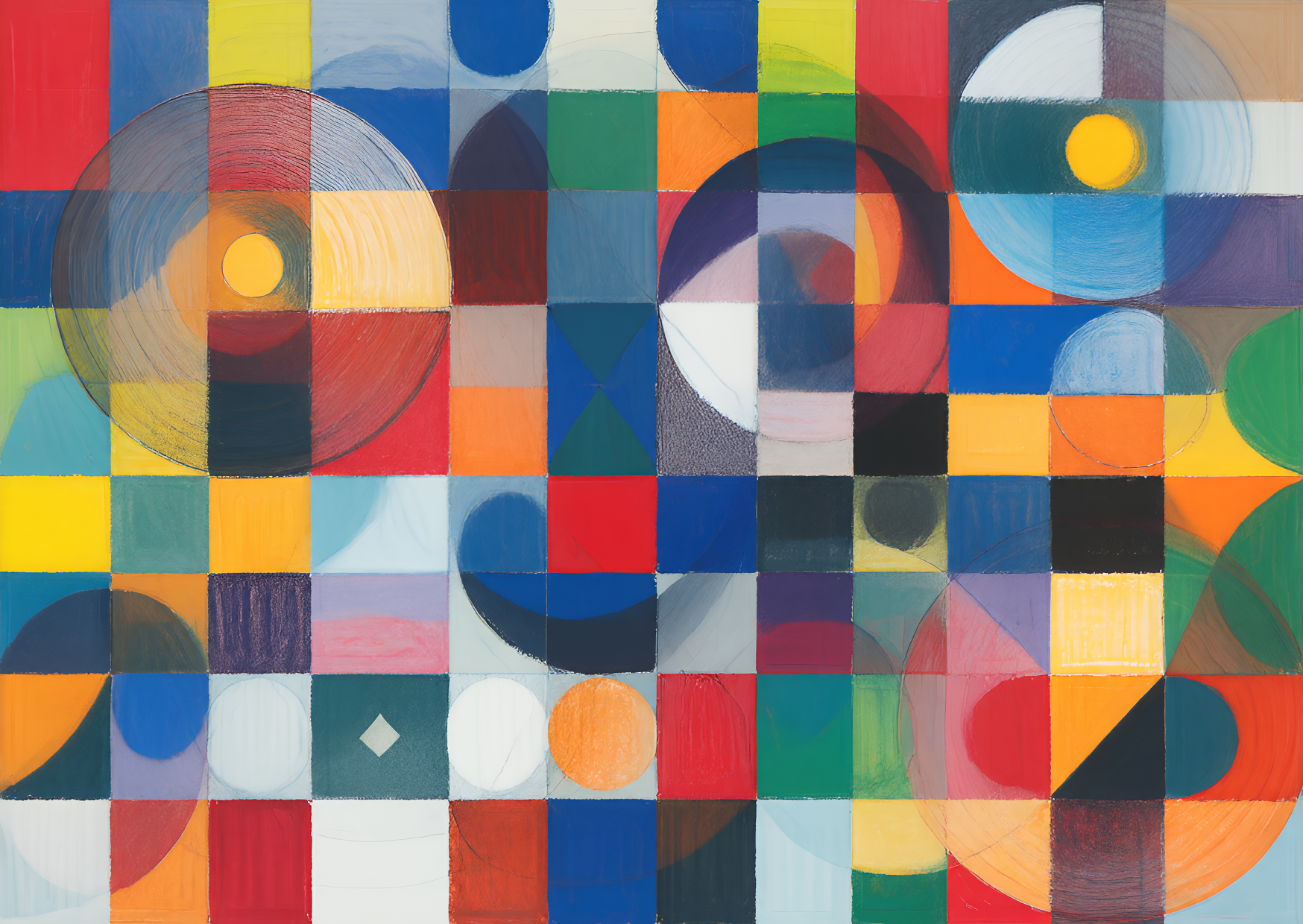 Bauhaus-style grid of saturated squares overlaid with translucent discs and arcs.