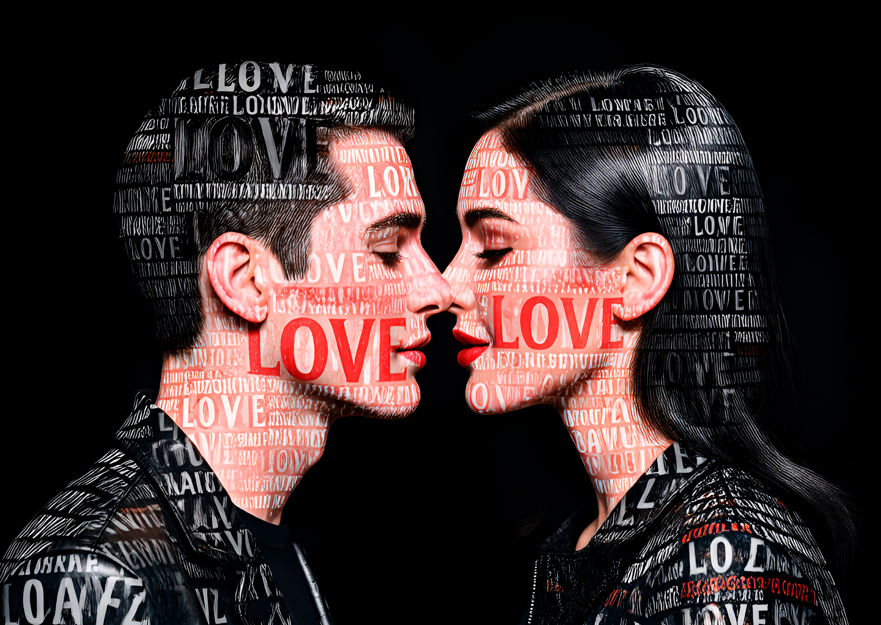 Two figures in profile, nearly touching, the word LOVE written across faces and jackets.