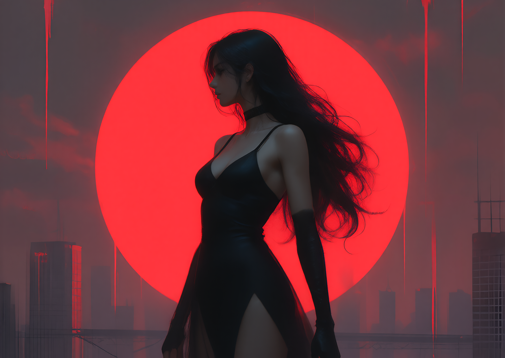Woman in profile against a circular oxblood sun and a darkened city skyline.