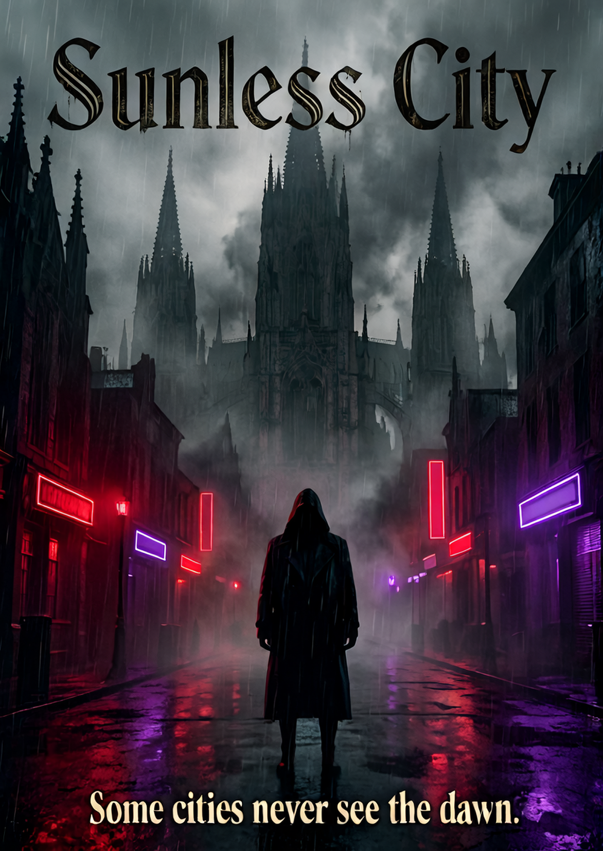 Hooded figure on a wet neon street beneath gothic spires, titled Sunless City.