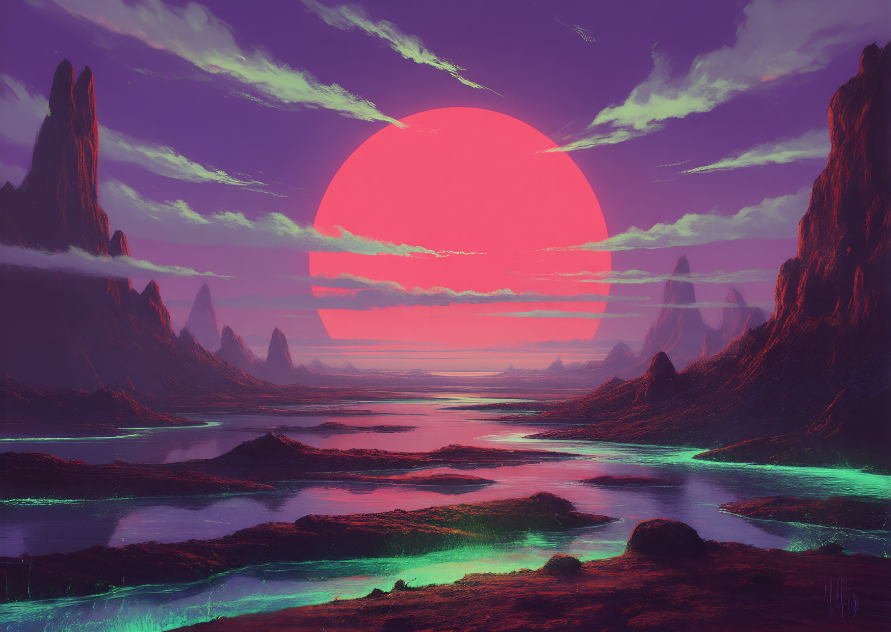 Jagged canyon under a low magenta sun, acid-lime water cutting through dark rock.
